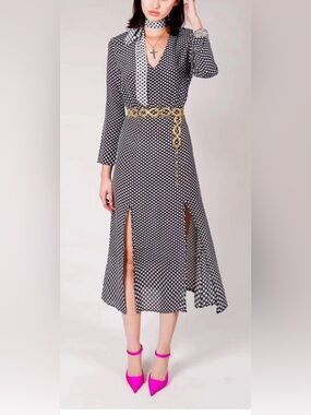 Rixo Black & White Star Long Sleeve Midi Dress 100% Silk